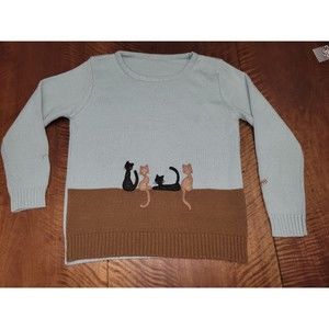 Adorable and Cozy Teal & Brown Cat Embordered Cat Lady Sweater Medium Pullover
